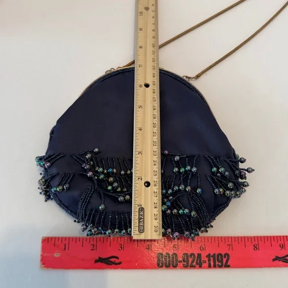 Vintage Navy Blue Satin Beaded Fringe Evening Bag Iridescent Oil Slick Kiss Lock - Picture 7 of 11